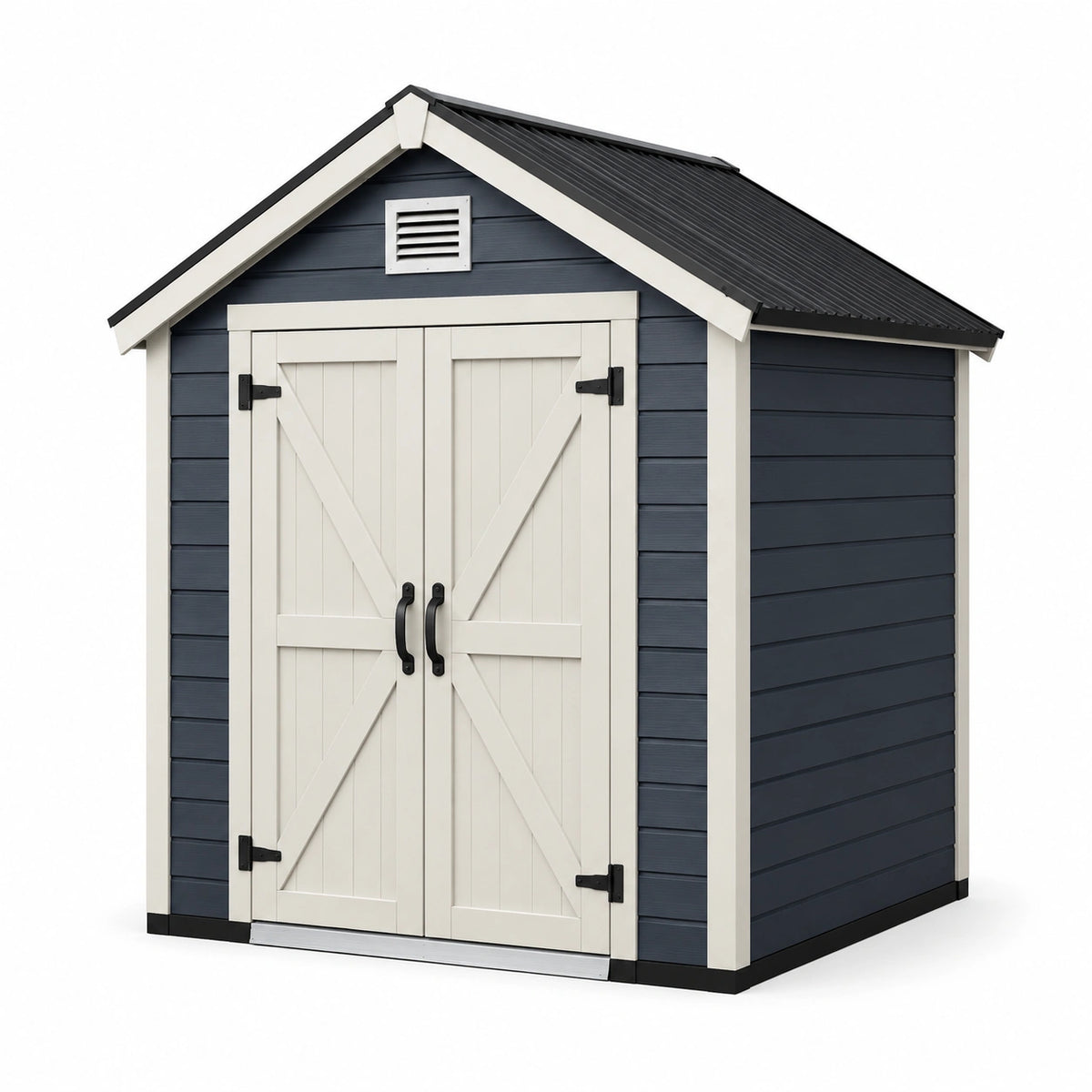 Abri de jardin en bois 200 x 150 x 210 cm bleu foncé, blanc et noir avec portes doubles