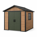 Abri de jardin en métal aspect bois marron avec portes vert foncé et structure noire, 250 x 200 x 220 cm