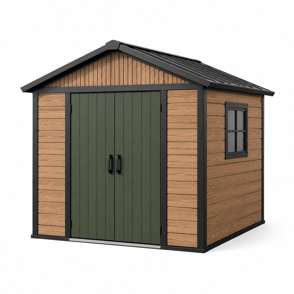 Abri de jardin en métal aspect bois marron avec portes vert foncé et structure noire, 250 x 200 x 220 cm