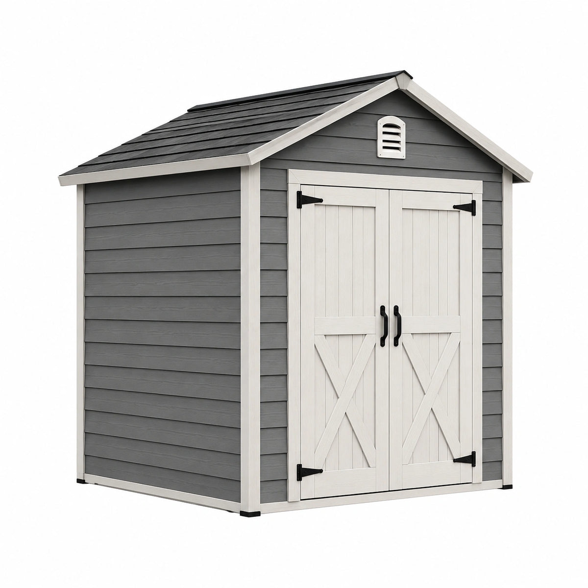 Style chalet en résine gris, blanc et noir, 236 x 174 x 226 cm, avec double porte