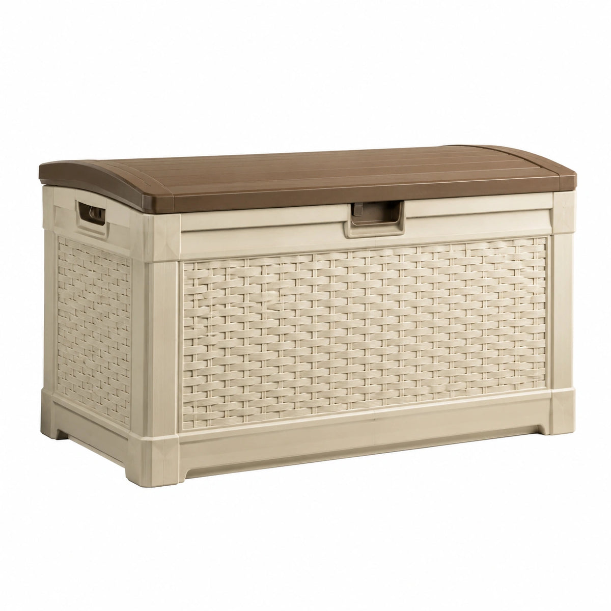 Coffre de rangement en résine tressée beige et marron avec couvercle, 120 x 60 x 63 cm