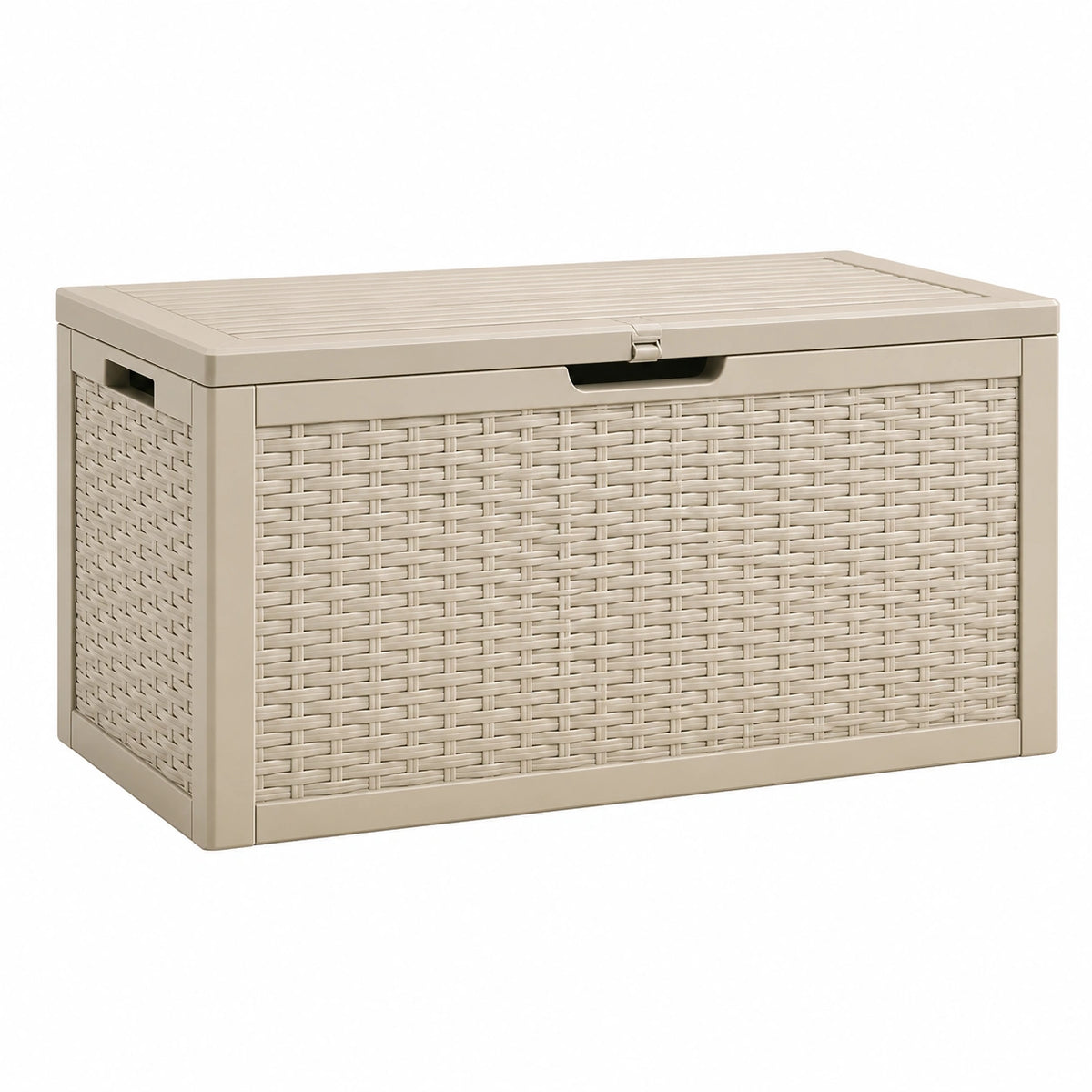 Coffre de rangement extérieur en résine beige effet tressé avec couvercle, 120 x 56 x 63 cm