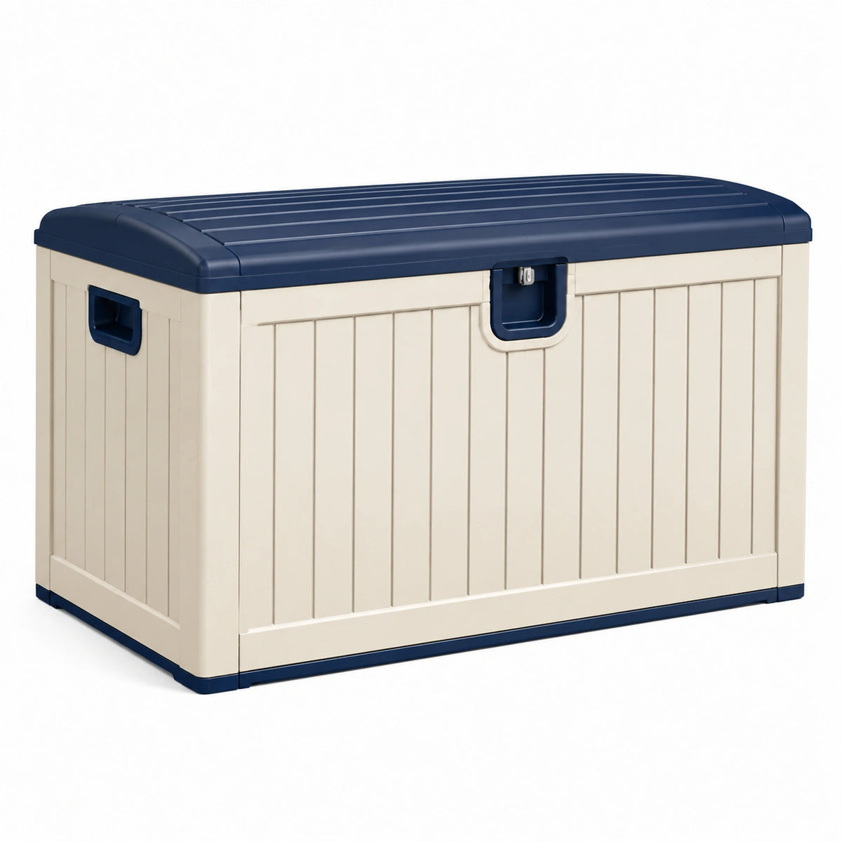 Coffre de rangement extérieur en plastique beige et bleu marine avec couvercle verrouillable, 120 x 60 x 63 cm