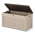 Coffre de rangement extérieur en résine beige et marron, 150 x 70 x 70 cm, couvercle à vérins