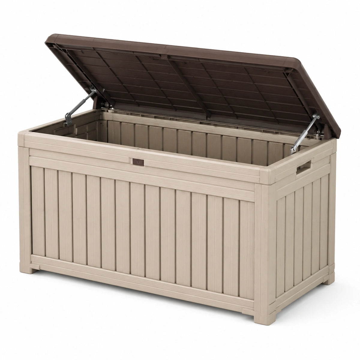 Coffre de rangement extérieur en résine beige et marron, 150 x 70 x 70 cm, couvercle à vérins