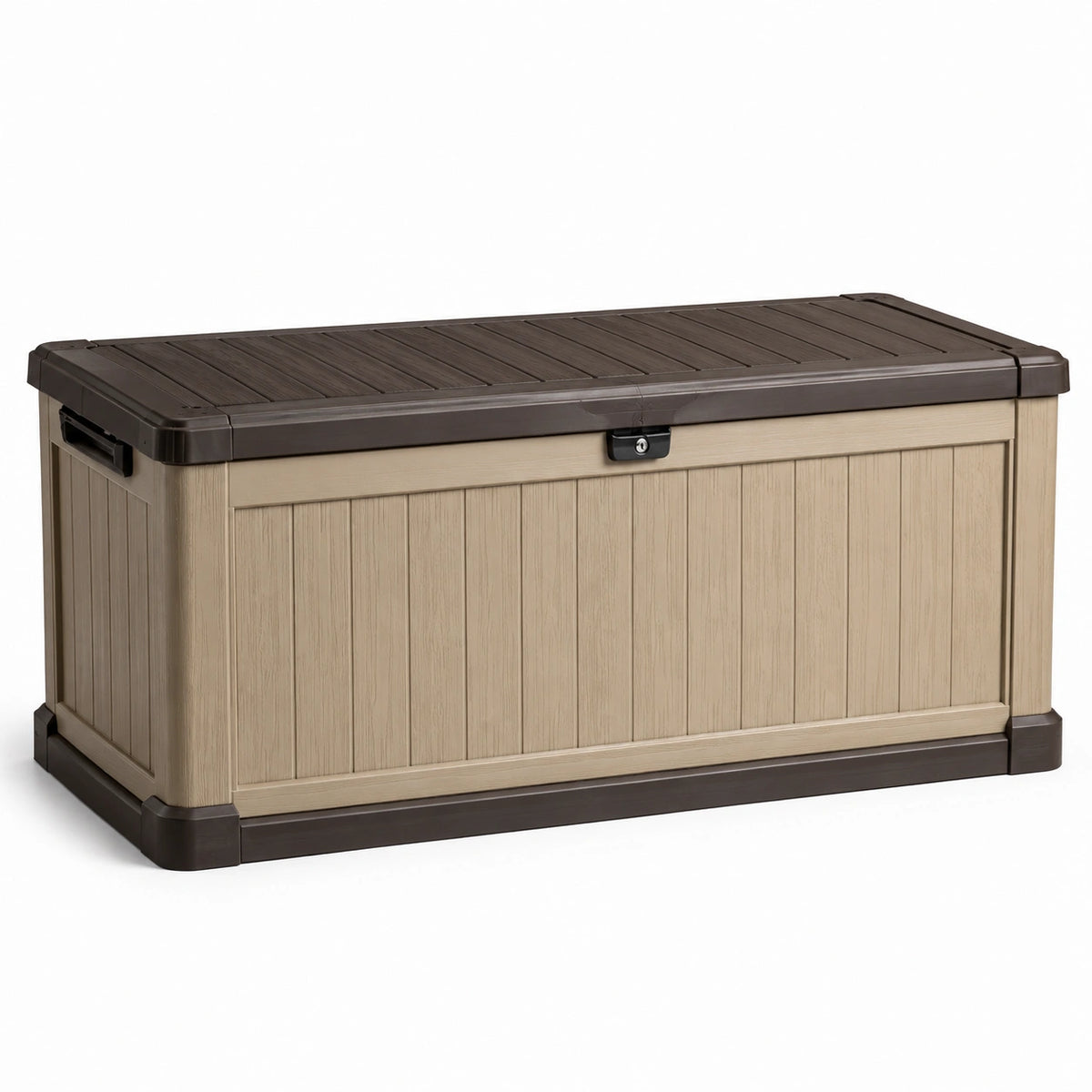 Coffre de rangement extérieur en résine effet bois 120 x 55 x 60 cm Beige et Marron foncé avec couvercle verrouillable