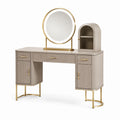 Coiffeuse contemporaine beige et dorée 120 x 45 x 145 cm avec miroir rond et rangements