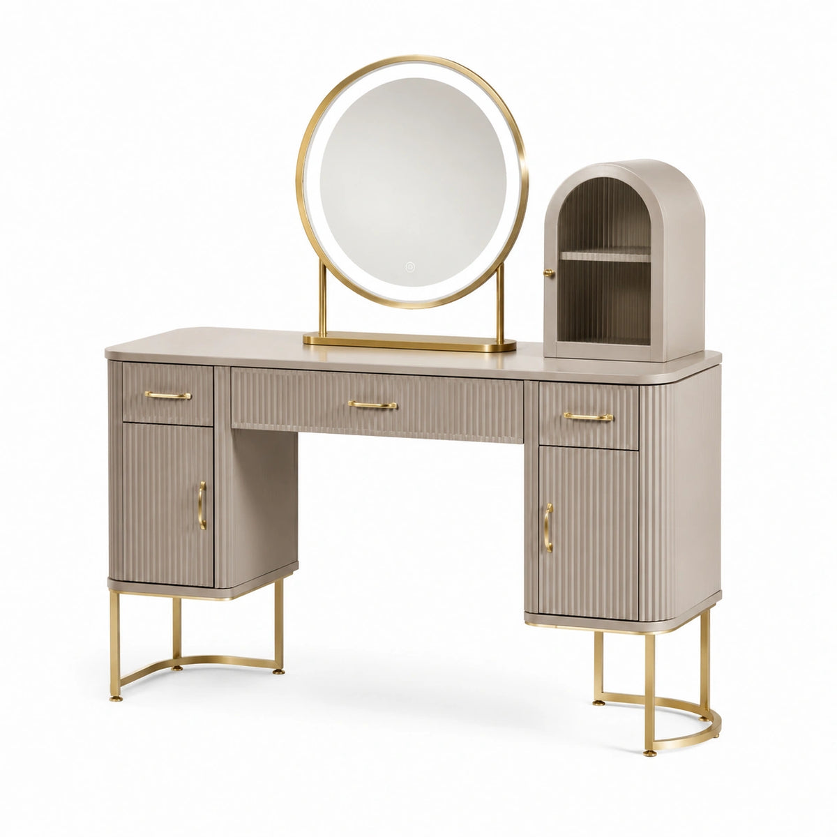 Coiffeuse contemporaine beige et dorée 120 x 45 x 145 cm avec miroir rond et rangements