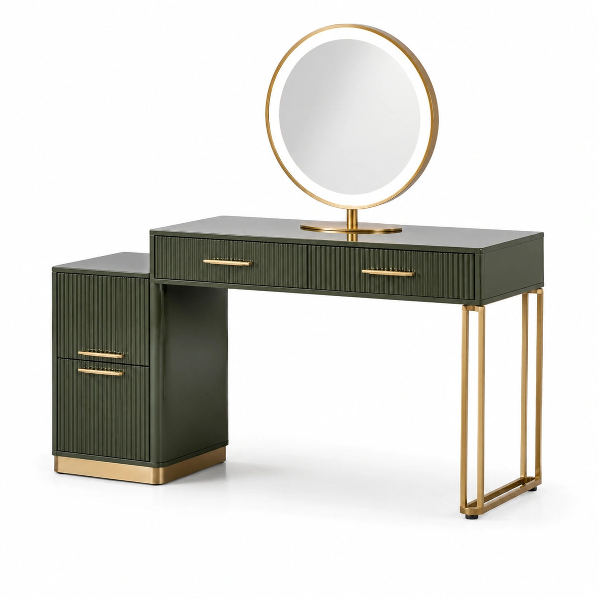 Coiffeuse contemporaine avec miroir rond et 3 tiroirs, 120 x 45 x 75 cm, Vert foncé et Doré