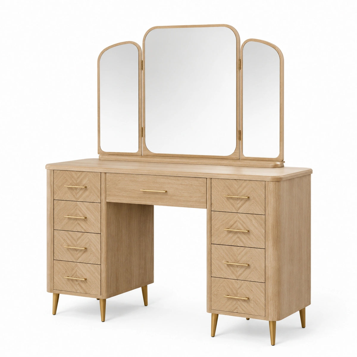 Coiffeuse en bois clair et doré avec miroir triptyque, 120 x 45 x 150 cm