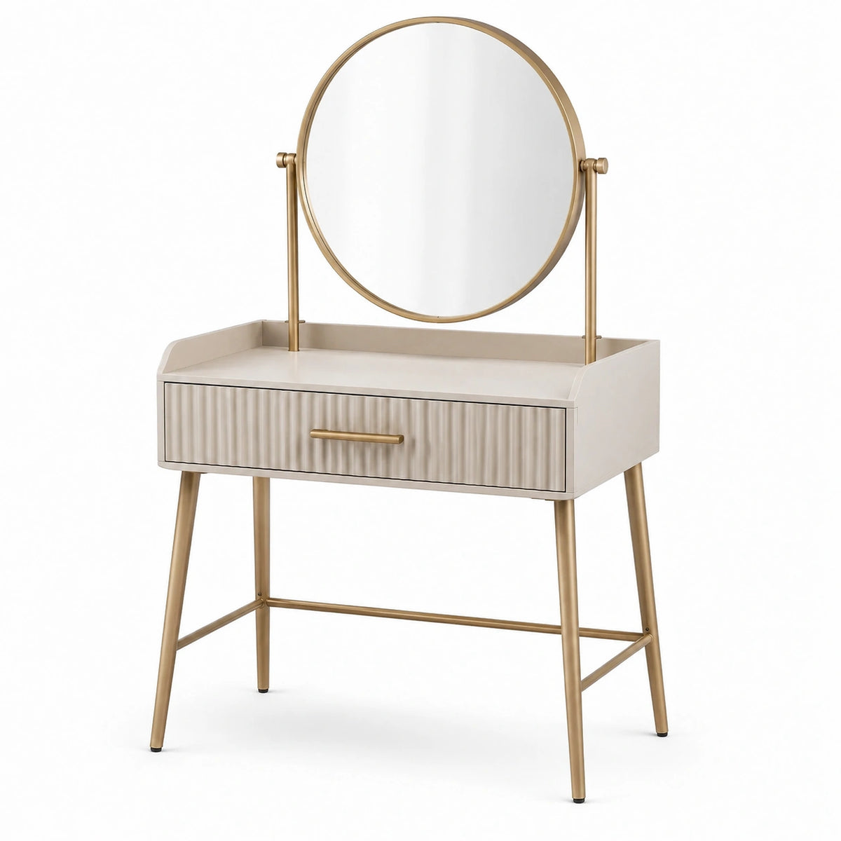 Coiffeuse contemporaine blanche et dorée 80 x 45 x 140 cm avec miroir rond orientable et tiroir