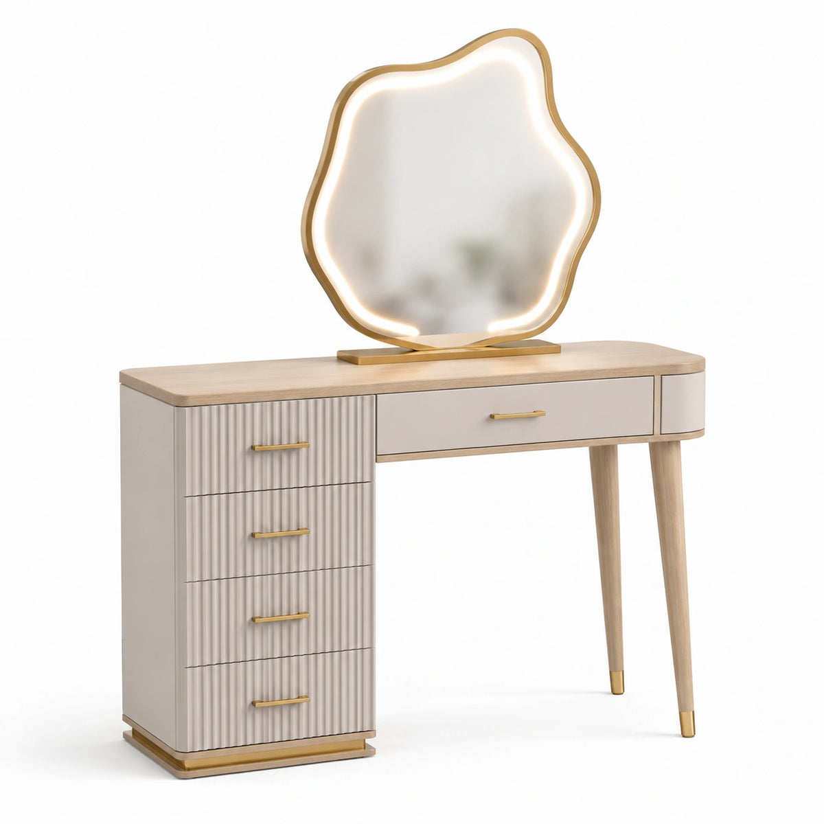 Coiffeuse avec miroir lumineux 120 x 45 x 145 cm, 5 tiroirs, Blanc cassé, Bois clair et Doré