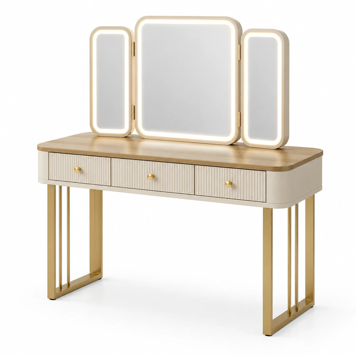 Coiffeuse contemporaine 120 x 45 x 140 cm Blanc, Bois clair et Doré avec miroir triptyque LED