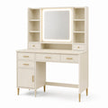 Coiffeuse beige et dorée 120 x 50 x 180 cm avec miroir LED et rangements
