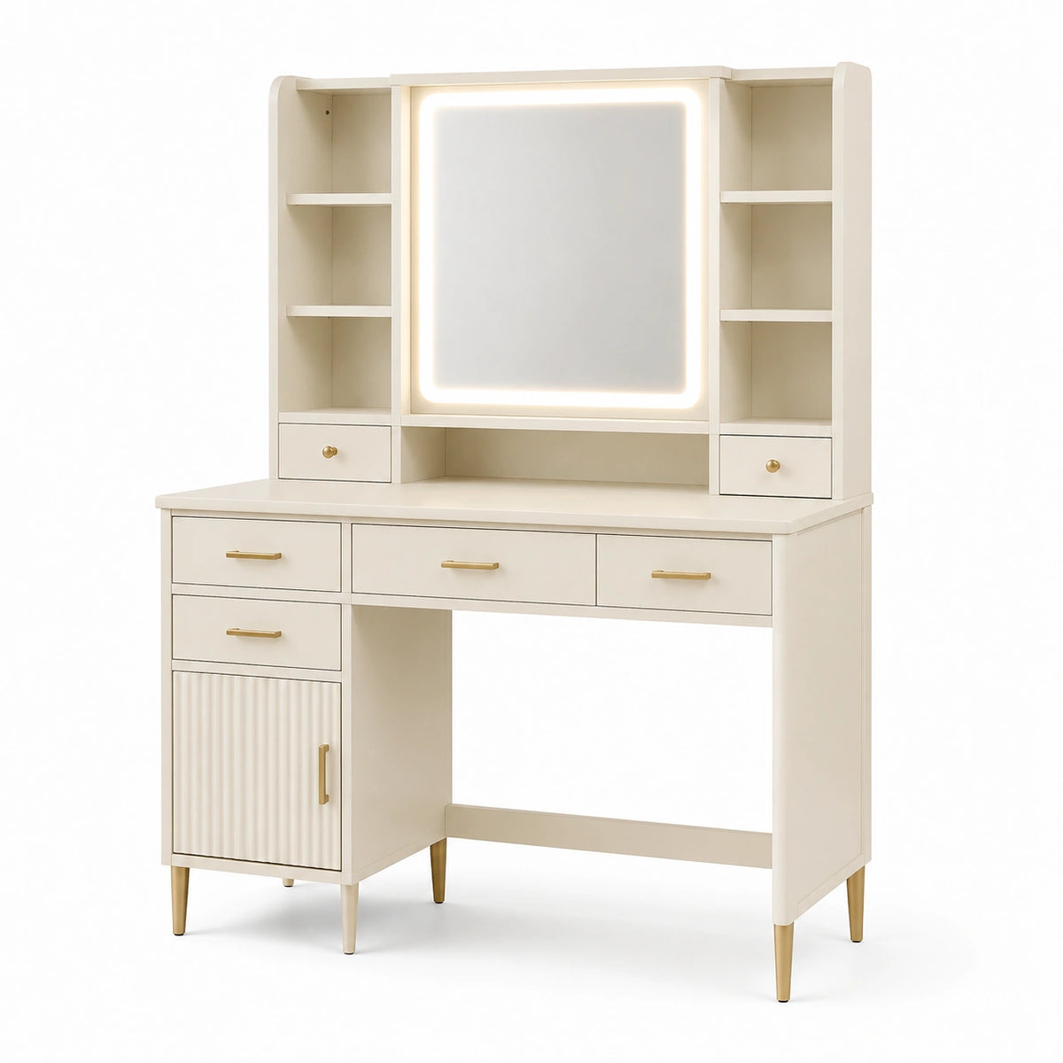 Coiffeuse beige et dorée 120 x 50 x 180 cm avec miroir LED et rangements