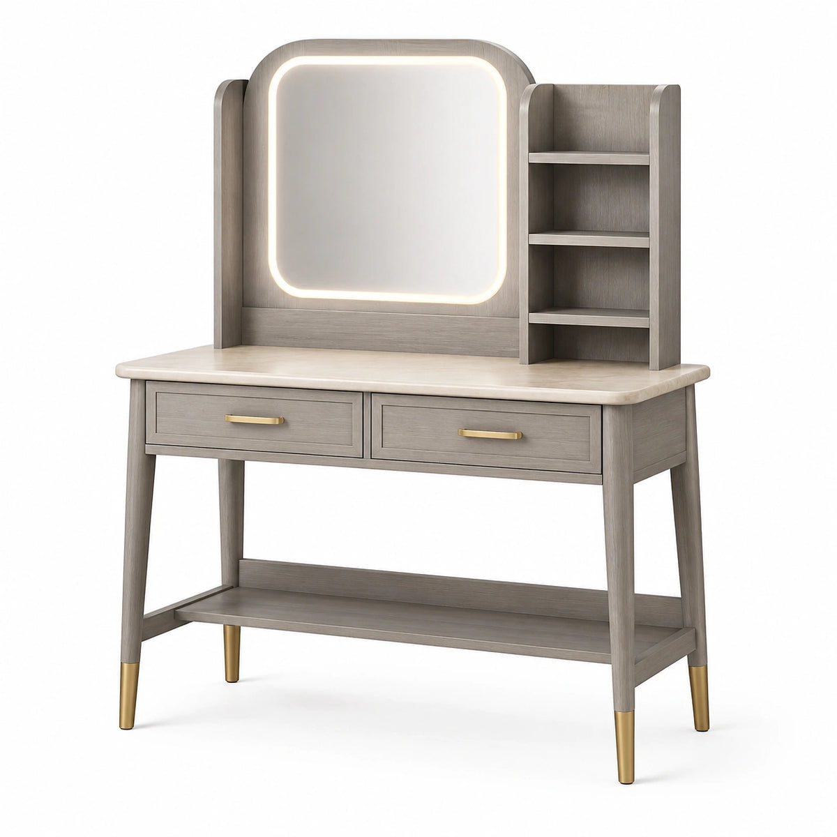 Coiffeuse contemporaine 120 x 50 x 150 cm gris clair, blanc et doré avec miroir lumineux et rangements