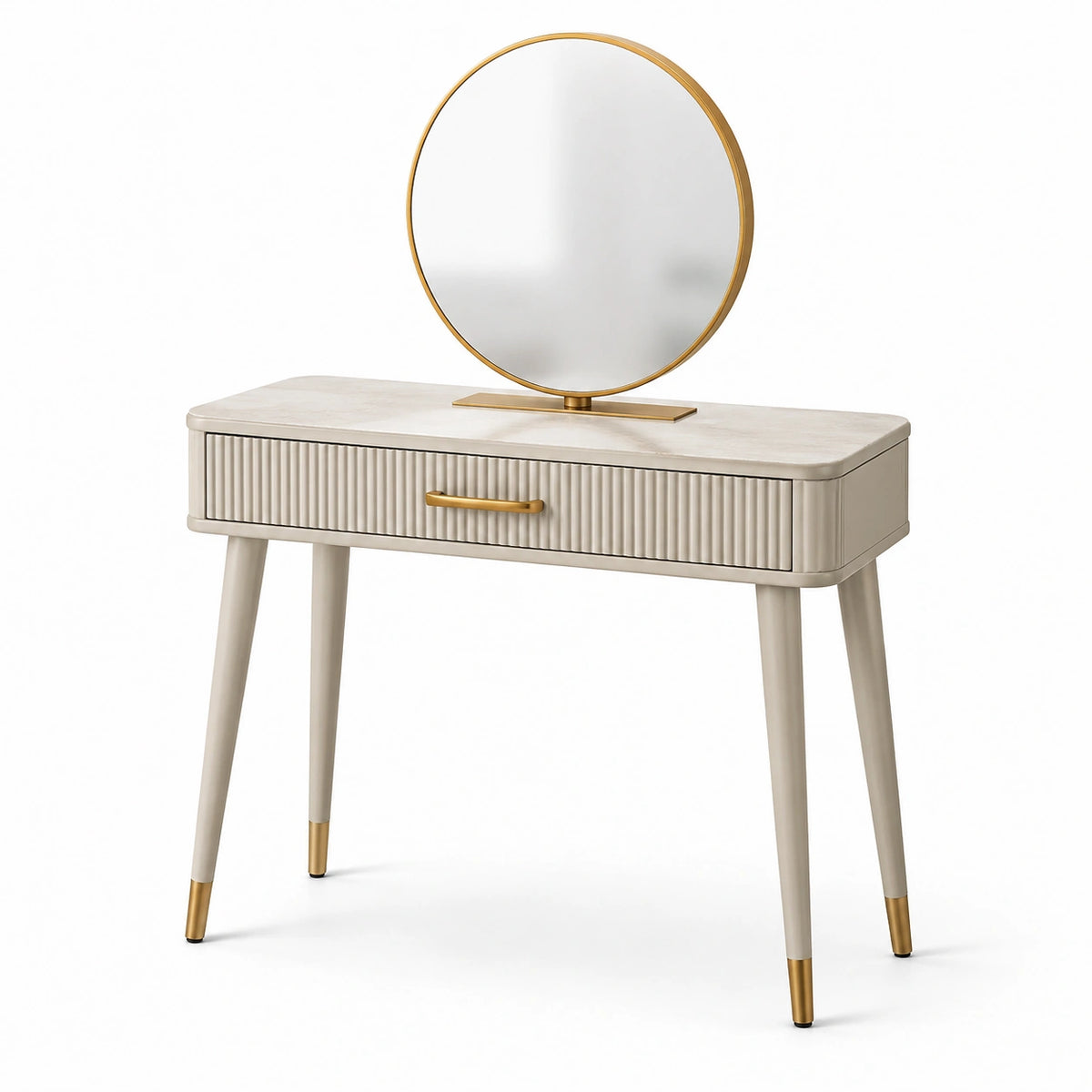Coiffeuse contemporaine 100 x 45 x 75 cm blanche et dorée avec miroir rond et tiroir