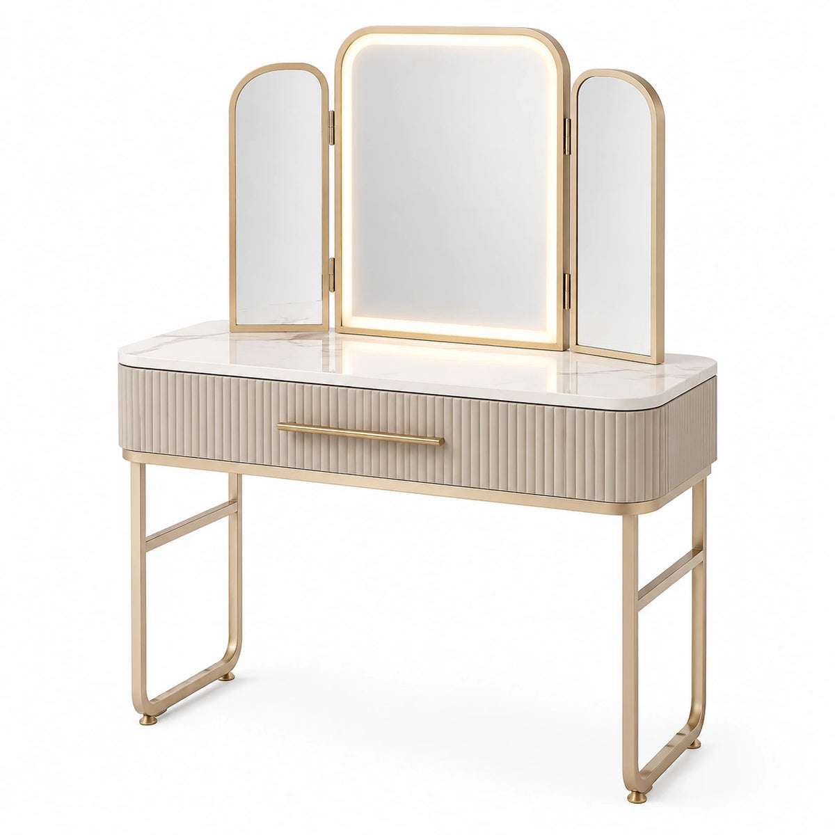 Coiffeuse contemporaine blanche et dorée avec miroir triptyque LED, 100 x 45 x 140 cm