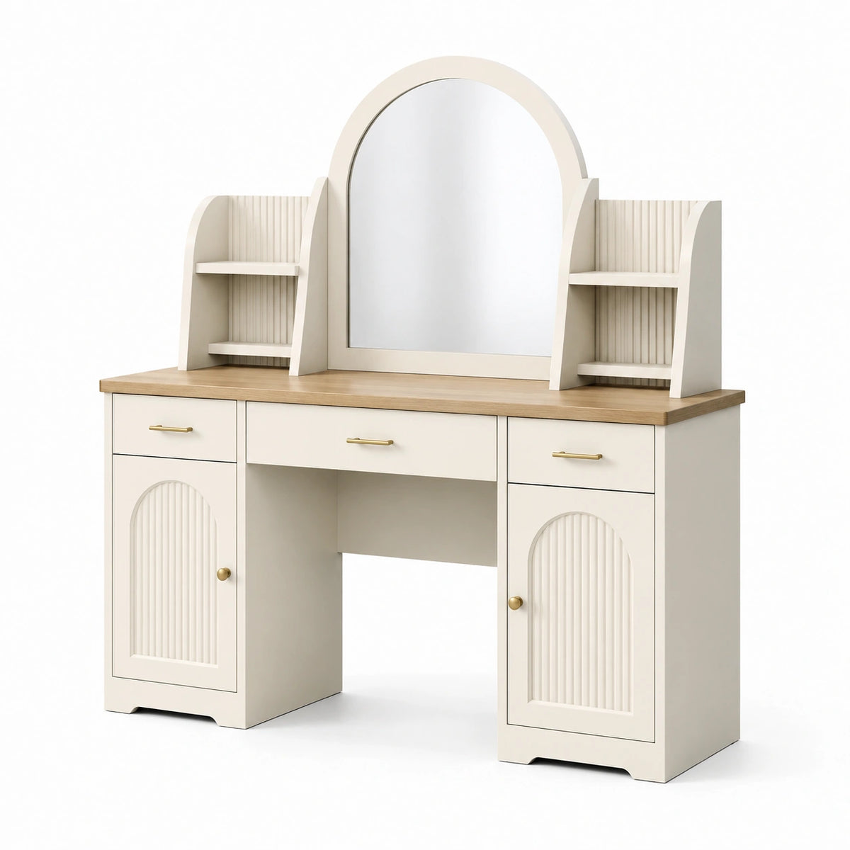 Coiffeuse avec miroir et rangements 120 x 45 x 150 cm Blanc, Bois naturel et Doré