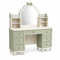 Coiffeuse romantique en bois 110 x 45 x 155 cm Vert sauge, Blanc et Doré avec miroir et 7 tiroirs