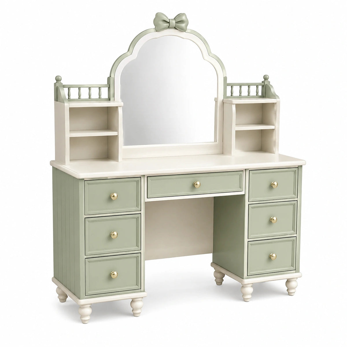 Coiffeuse romantique en bois 110 x 45 x 155 cm Vert sauge, Blanc et Doré avec miroir et 7 tiroirs