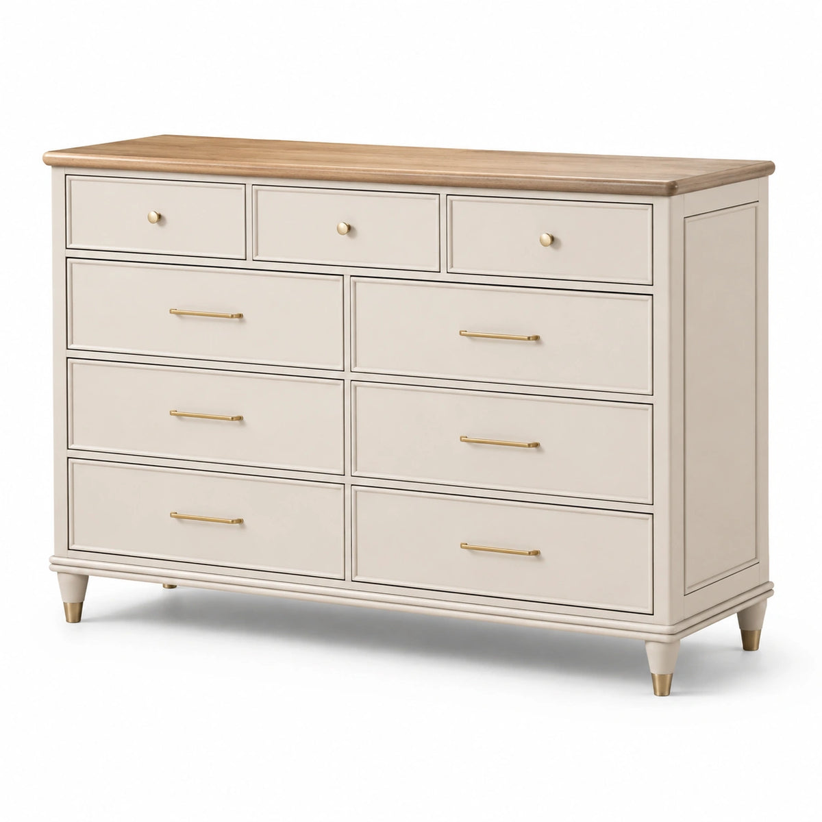 Commode classique à 9 tiroirs beige, brun et doré, 160 x 45 x 95 cm