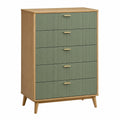 Commode scandinave 80 x 40 x 120 cm à 5 tiroirs, bois clair, vert sauge et doré
