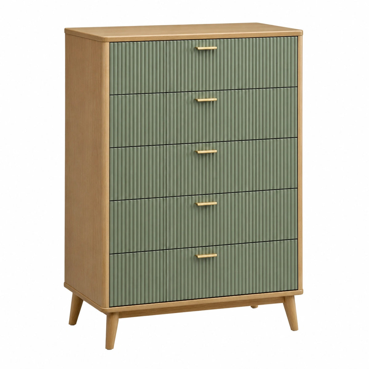 Commode scandinave 80 x 40 x 120 cm à 5 tiroirs, bois clair, vert sauge et doré