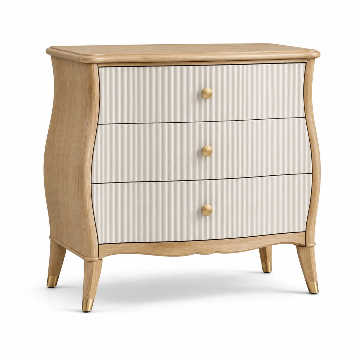 Commode classique 90 x 45 x 95 cm en bois naturel, blanc et doré à 3 tiroirs