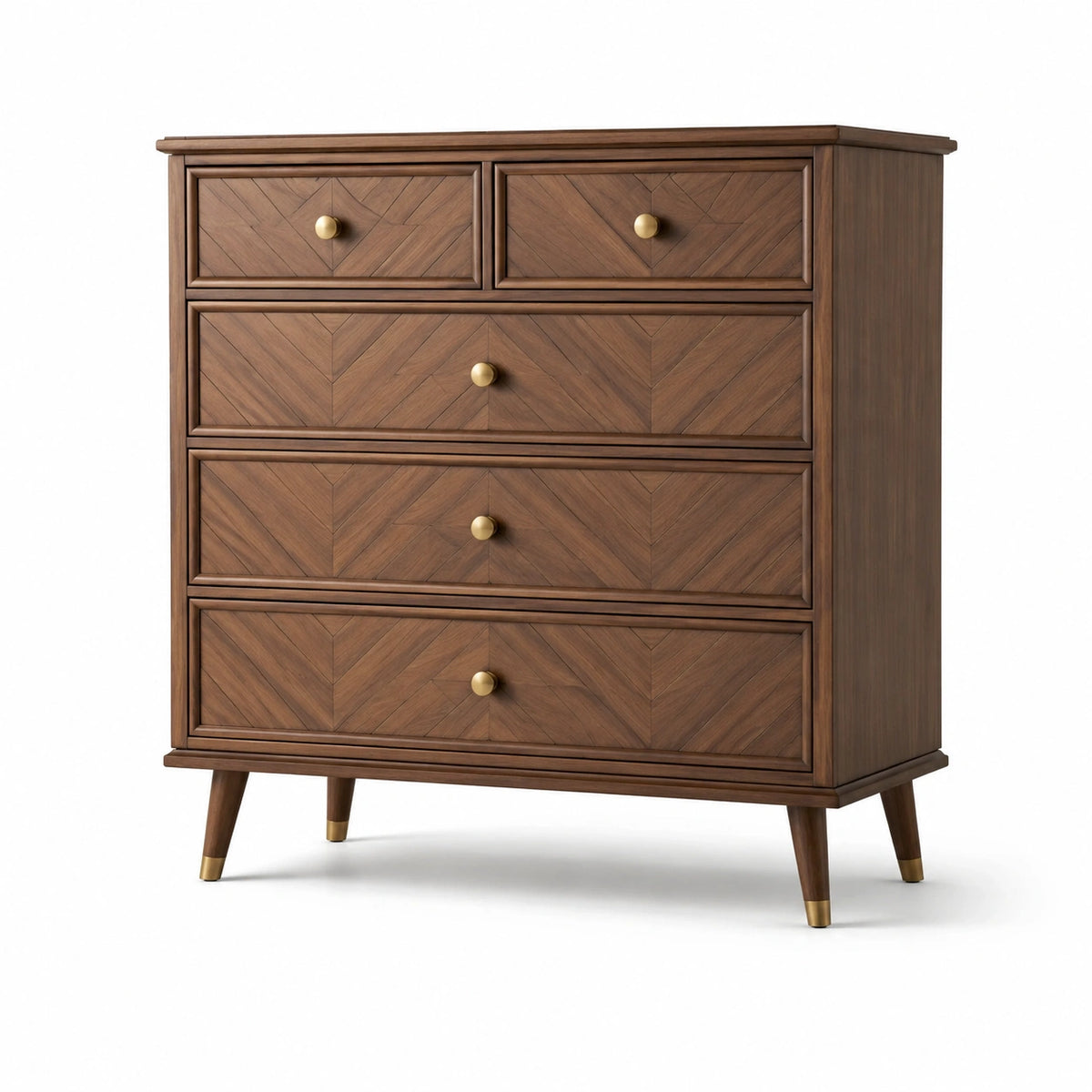 Commode vintage en bois marron et doré, 5 tiroirs, 100 x 45 x 120 cm