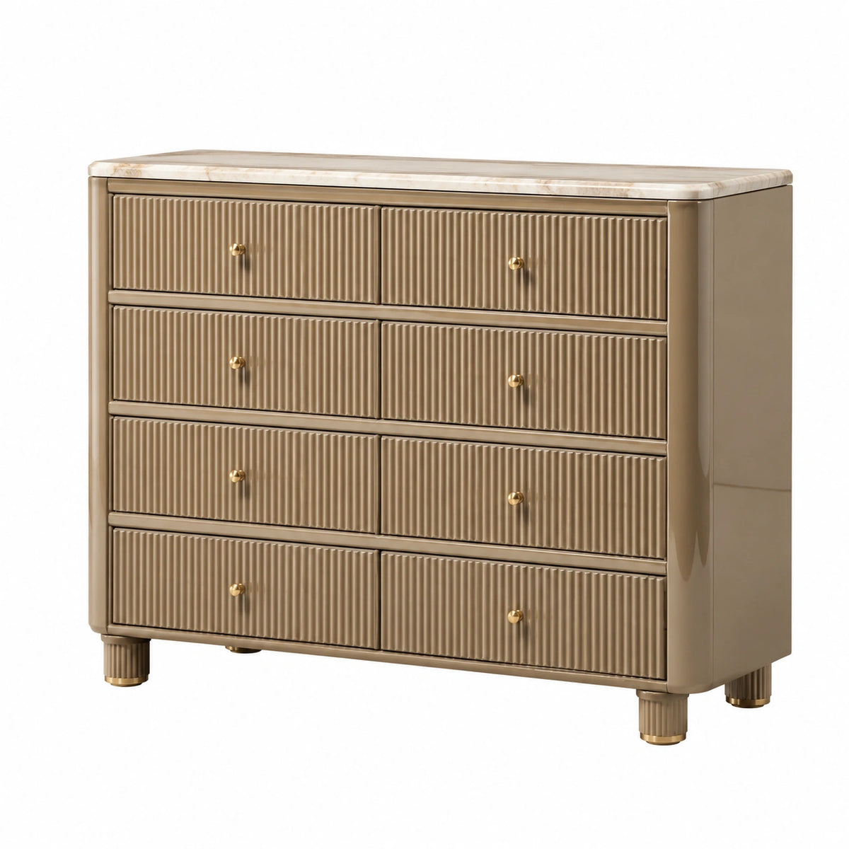 Commode contemporaine beige, dorée et blanche, 120 x 45 x 100 cm, 8 tiroirs