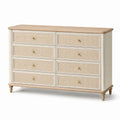 Commode classique à 8 tiroirs, 150 x 45 x 90 cm, Crème/Bois naturel/Beige/Doré