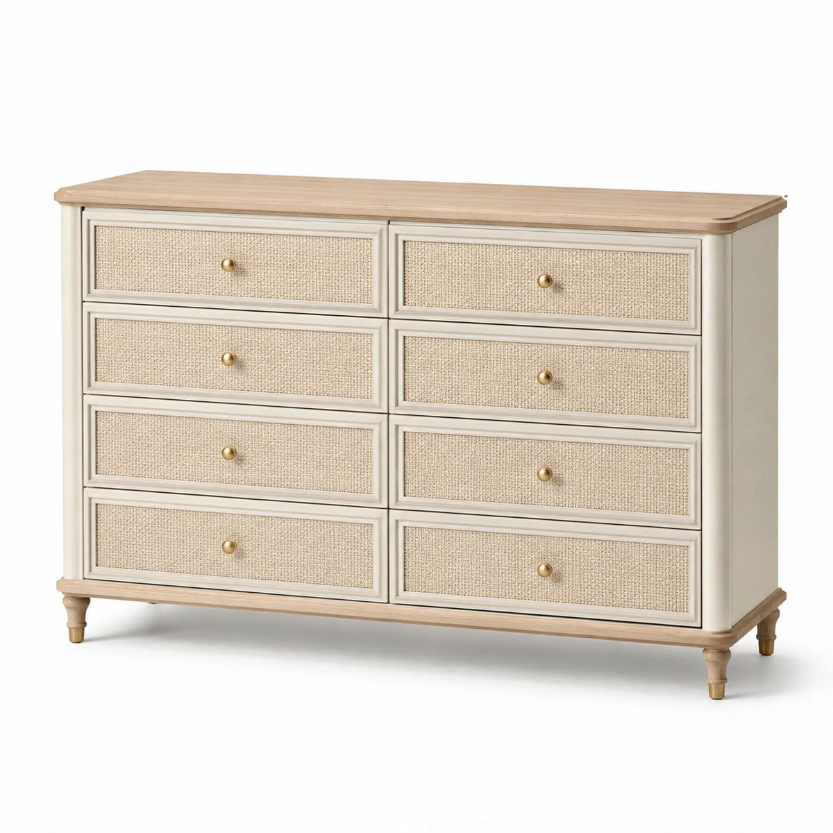 Commode classique à 8 tiroirs, 150 x 45 x 90 cm, Crème/Bois naturel/Beige/Doré