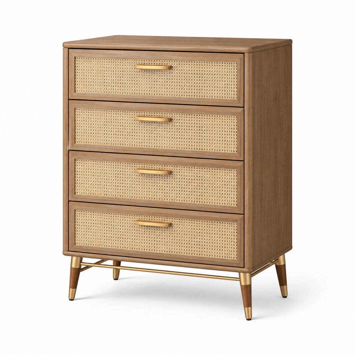 Commode rétro 80 x 40 x 100 cm en bois marron, cannage naturel et détails dorés
