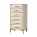 Commode haute contemporaine 80 x 45 x 150 cm en bois beige et métal doré, 6 tiroirs