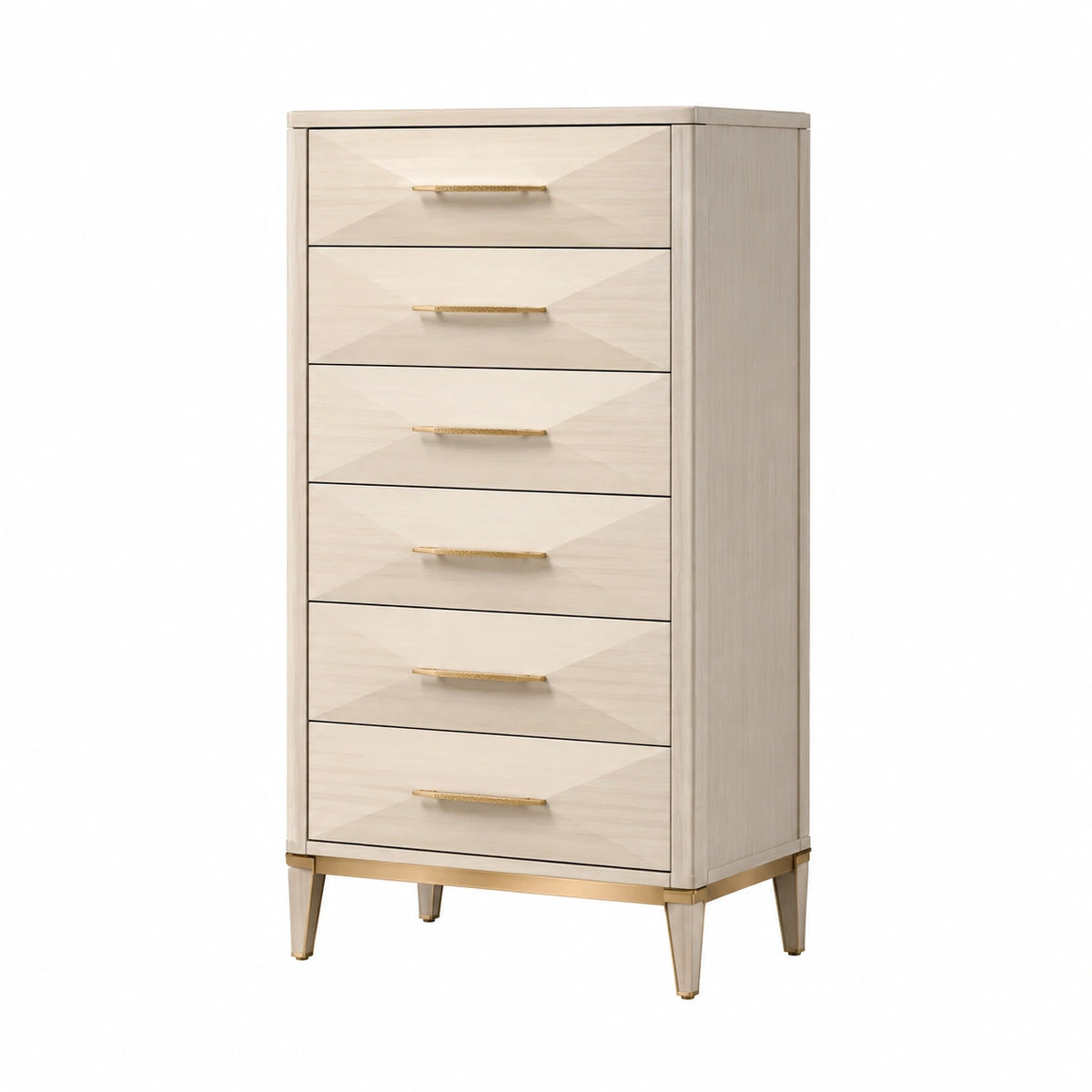 Commode haute contemporaine 80 x 45 x 150 cm en bois beige et métal doré, 6 tiroirs