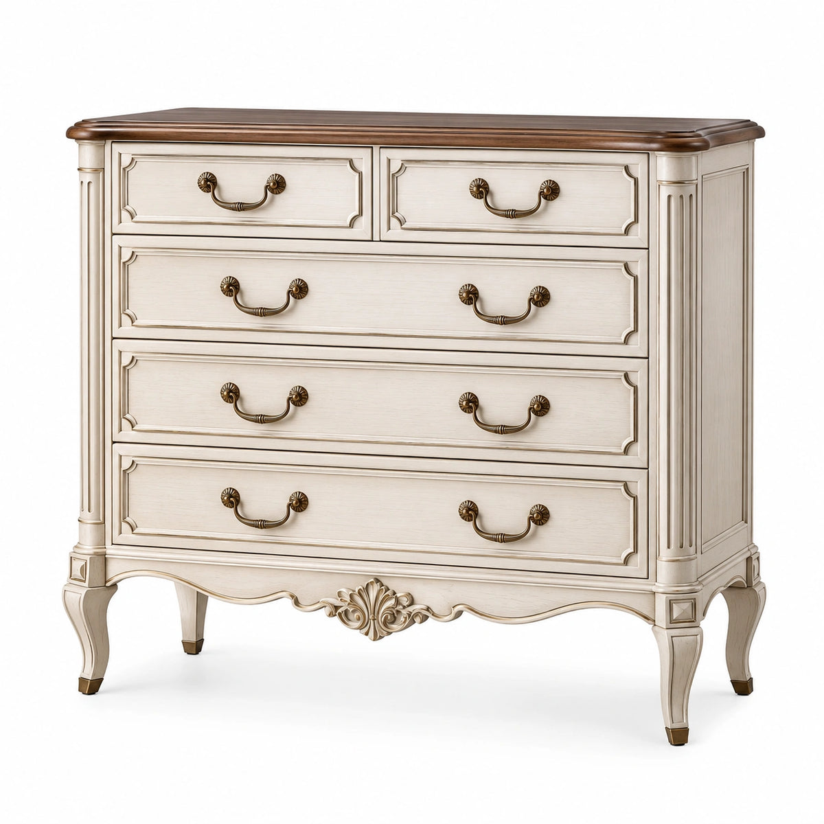 Style classique crème, marron et bronze à 5 tiroirs, 120 x 45 x 90 cm
