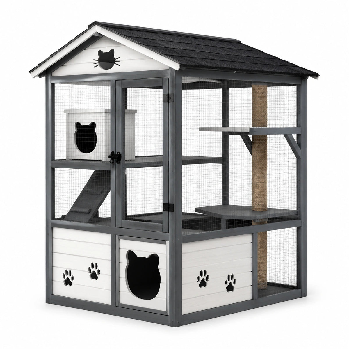 Enclos extérieur pour chat 120 x 60 x 180 cm en bois gris et blanc avec grillage, plateformes et griffoir