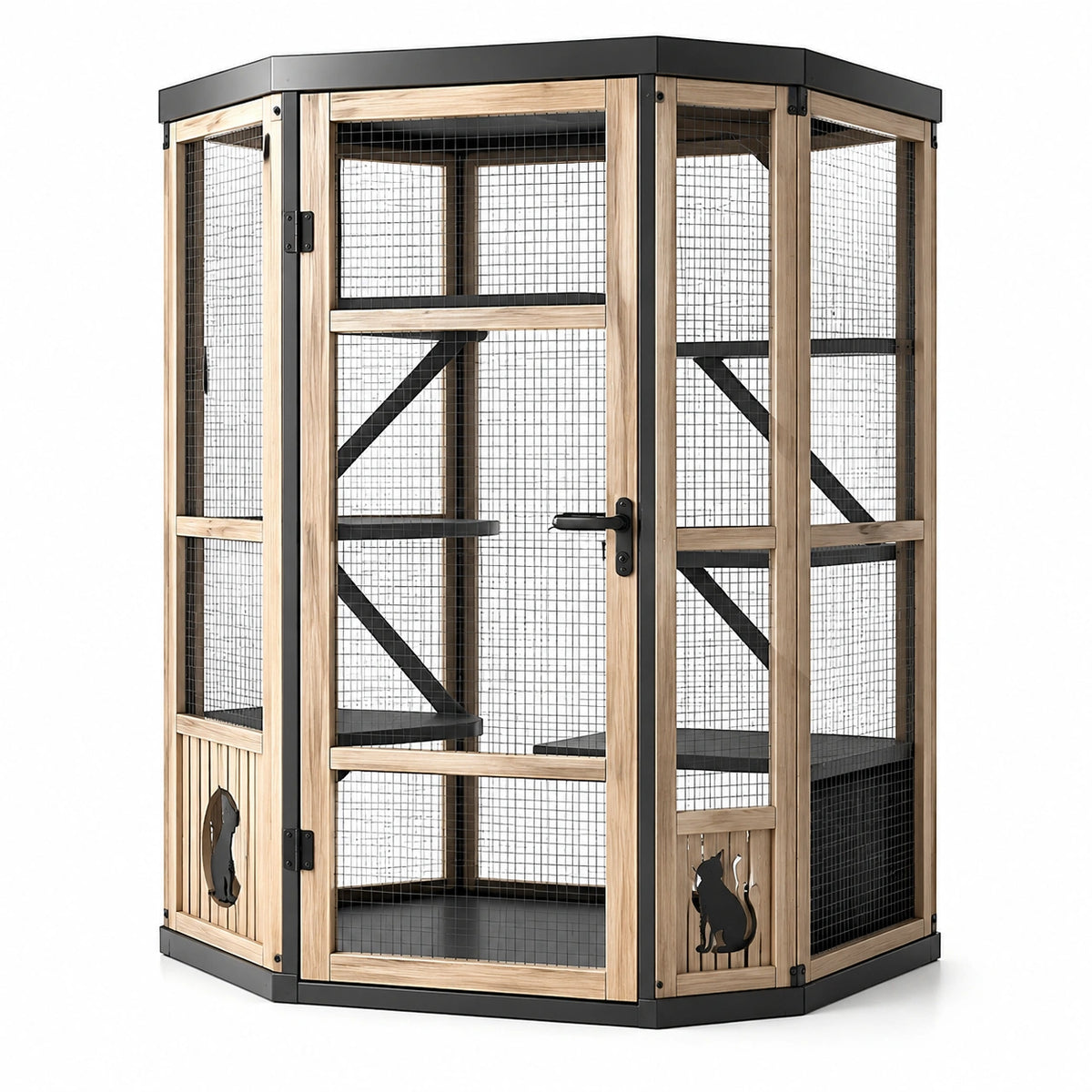 Enclos pour chat 120 x 80 x 180 cm en bois naturel et métal noir avec plateformes