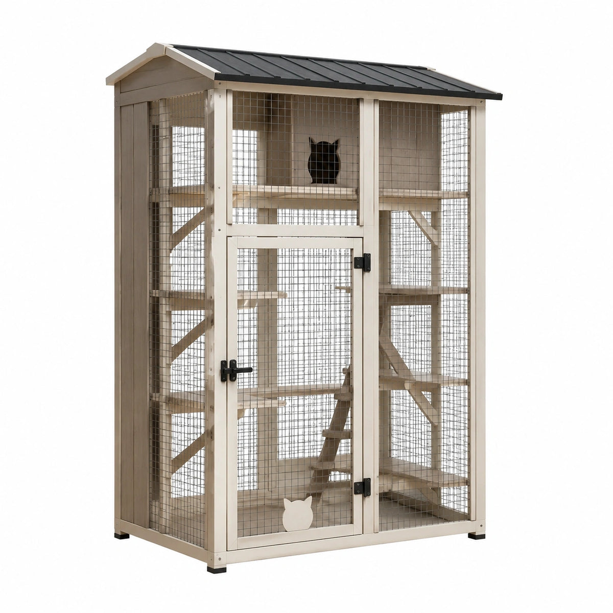 Enclos extérieur pour chat en bois et métal, 120 x 80 x 180 cm, Beige et Noir