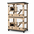 Cage pour chats 100 x 60 x 180 cm en bois naturel et noir avec roulettes, plateformes et rampes