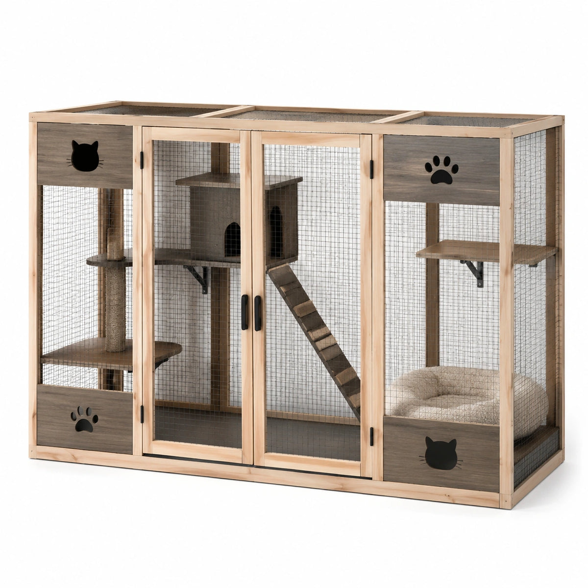 Enclos pour chat 183 x 91 x 180 cm en bois naturel, gris et noir avec plateformes et rampe