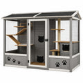 Enclos extérieur pour chat en bois Gris, Blanc, Noir et Beige 180 x 90 x 180 cm avec grillage et toit incliné