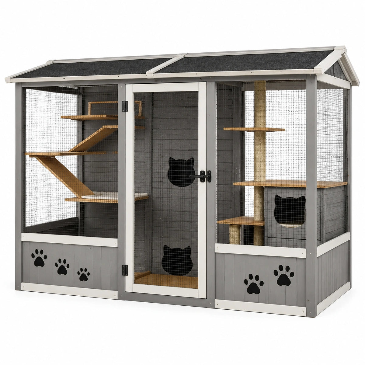 Enclos extérieur pour chat en bois Gris, Blanc, Noir et Beige 180 x 90 x 180 cm avec grillage et toit incliné