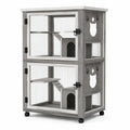 Cage pour chat à 2 niveaux 80 x 55 x 160 cm gris aspect bois avec roulettes