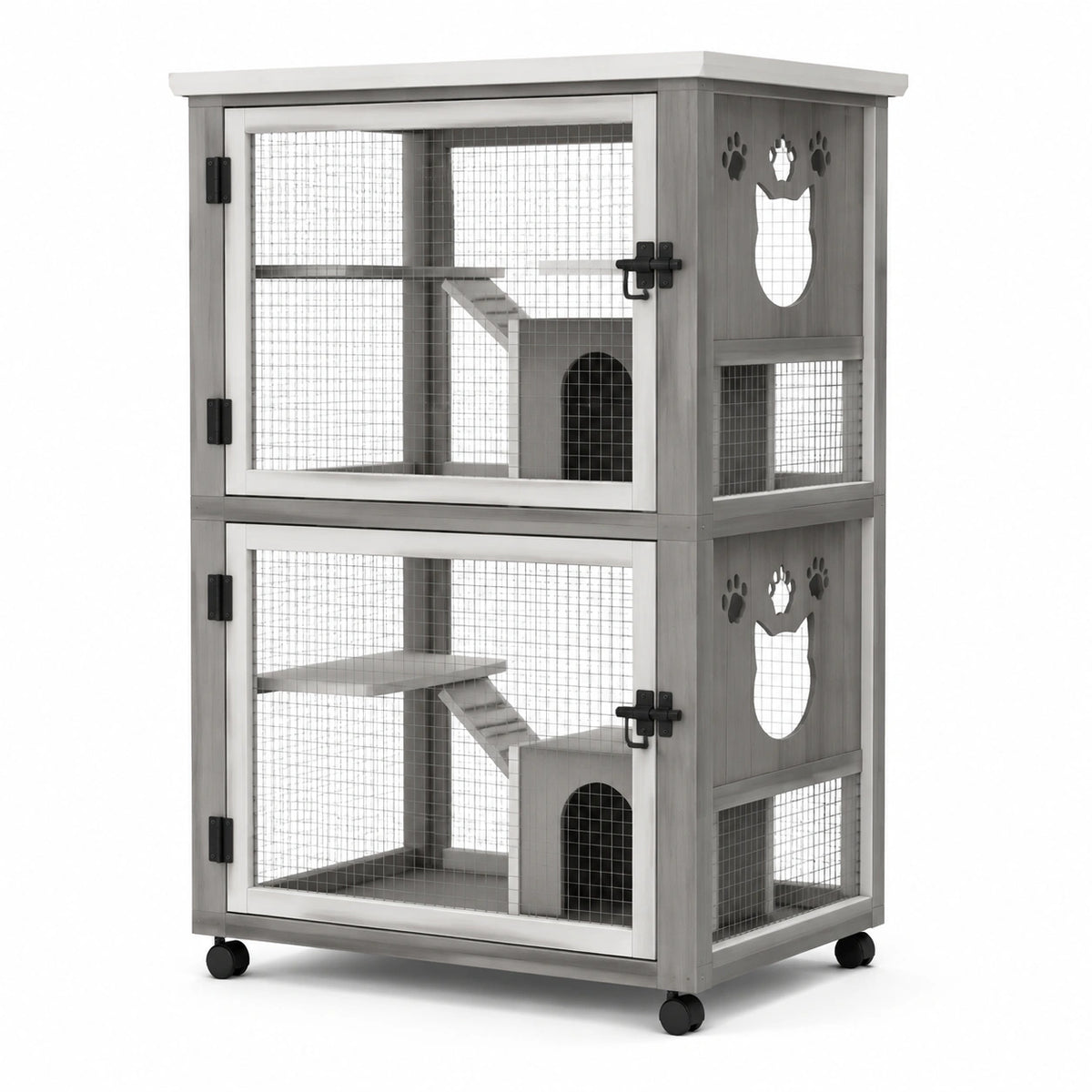 Cage pour chat à 2 niveaux 80 x 55 x 160 cm gris aspect bois avec roulettes