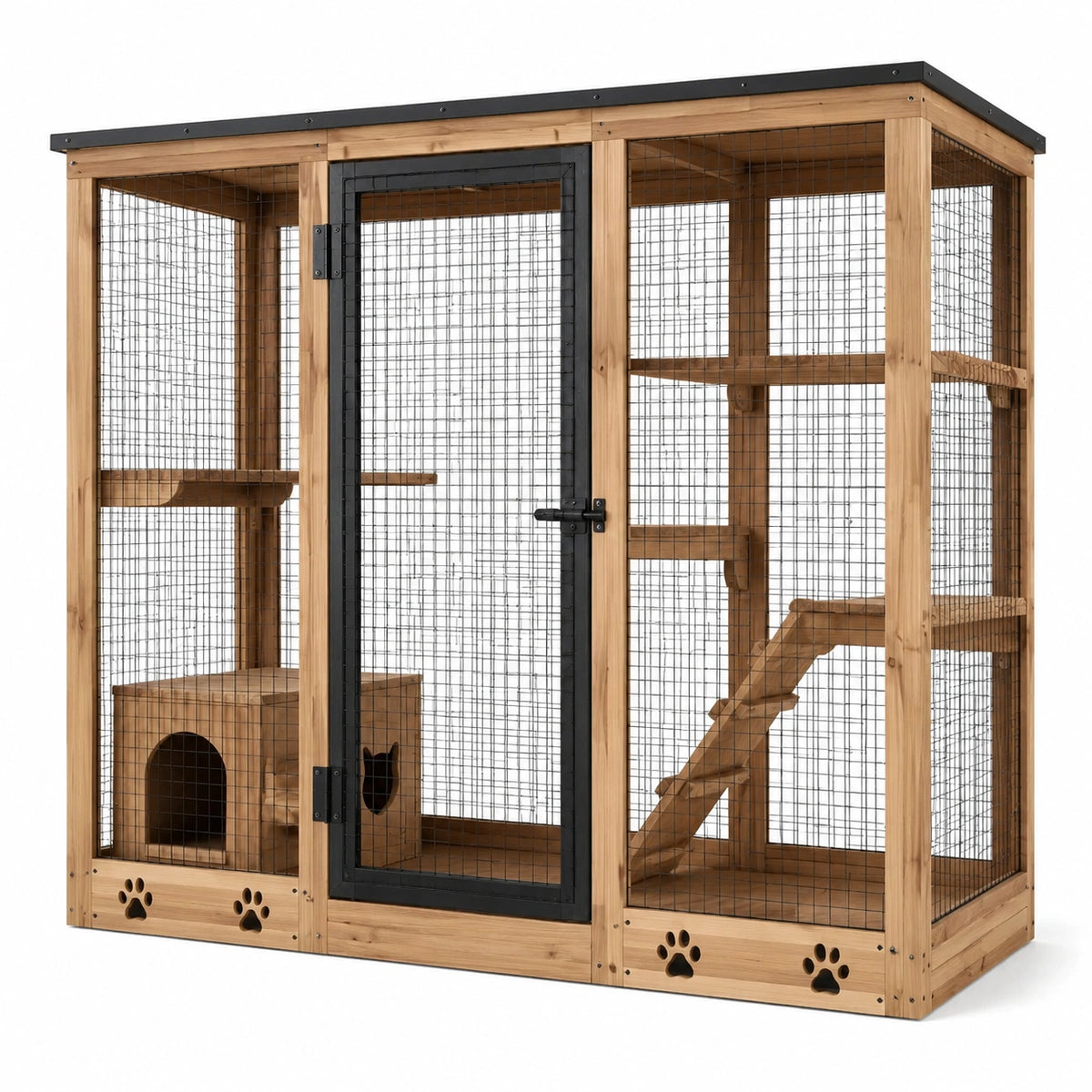 Enclos pour chats 180 x 90 x 180 cm en bois naturel et métal noir avec plateformes