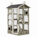 Enclos pour chat en bois beige et gris foncé avec grillage, plateformes et rampes, 120 x 80 x 180 cm