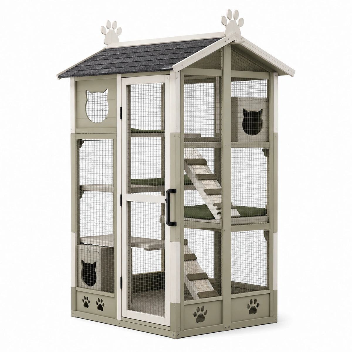 Enclos pour chat en bois beige et gris foncé avec grillage, plateformes et rampes, 120 x 80 x 180 cm