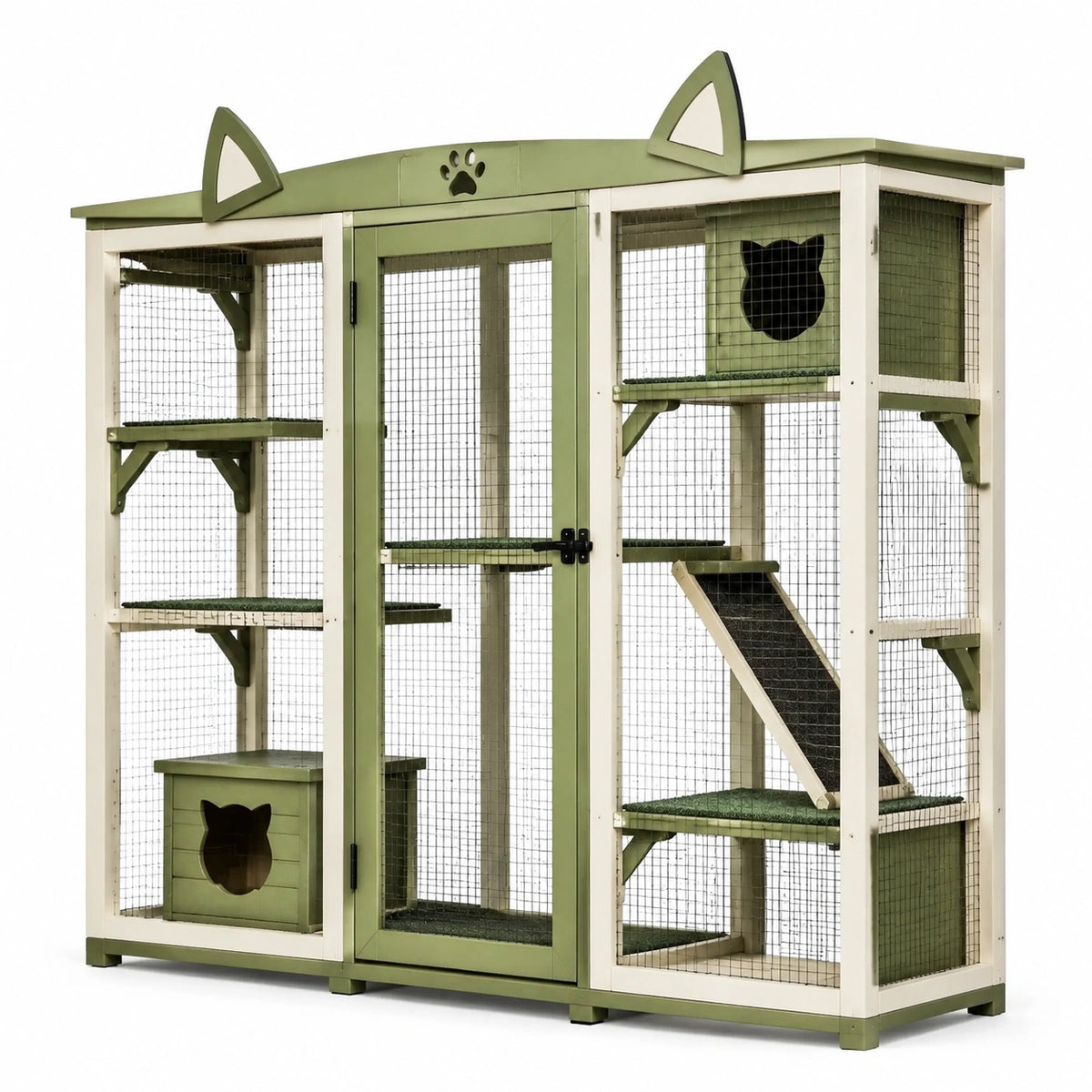 Enclos extérieur pour chat en bois vert et blanc, 120 x 60 x 150 cm, avec plateformes, rampe et abri